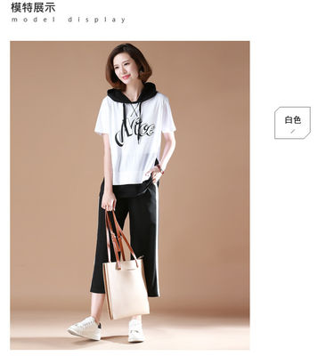 拼接显瘦；上衣半袖纯棉体恤；中长款；宽松休闲；带帽；短T；女